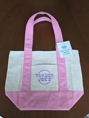 New W/Tag TRADER JOES Canvas mini Tote Bag Pastel Tote Bag Pink w/ Purple logo